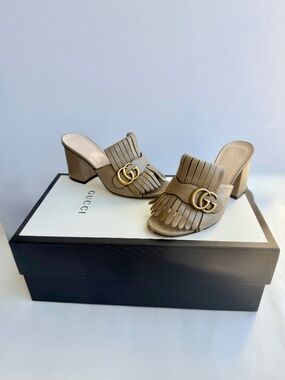 Gucci GG Marmont Fringe Mule Block Heel Beige Leather Size 6